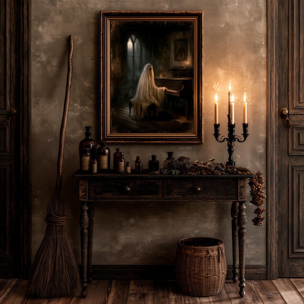 Dark academia wall art of a ghost at a piano above a table of candles and bottles