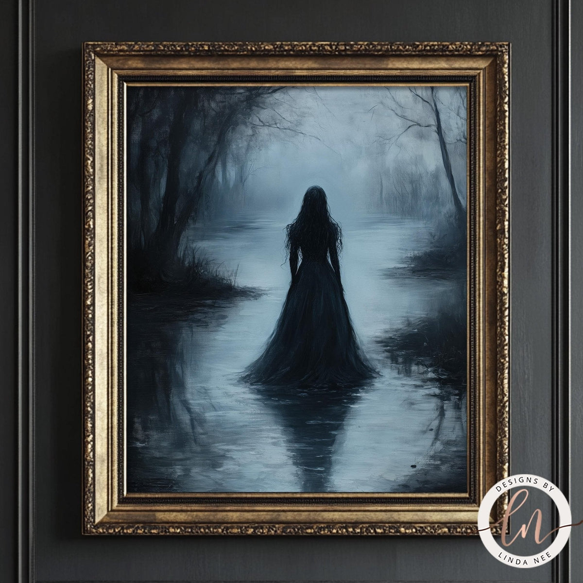 a woman in a long black dress standing in a misty, forested landscape, with her reflection visible in the water.