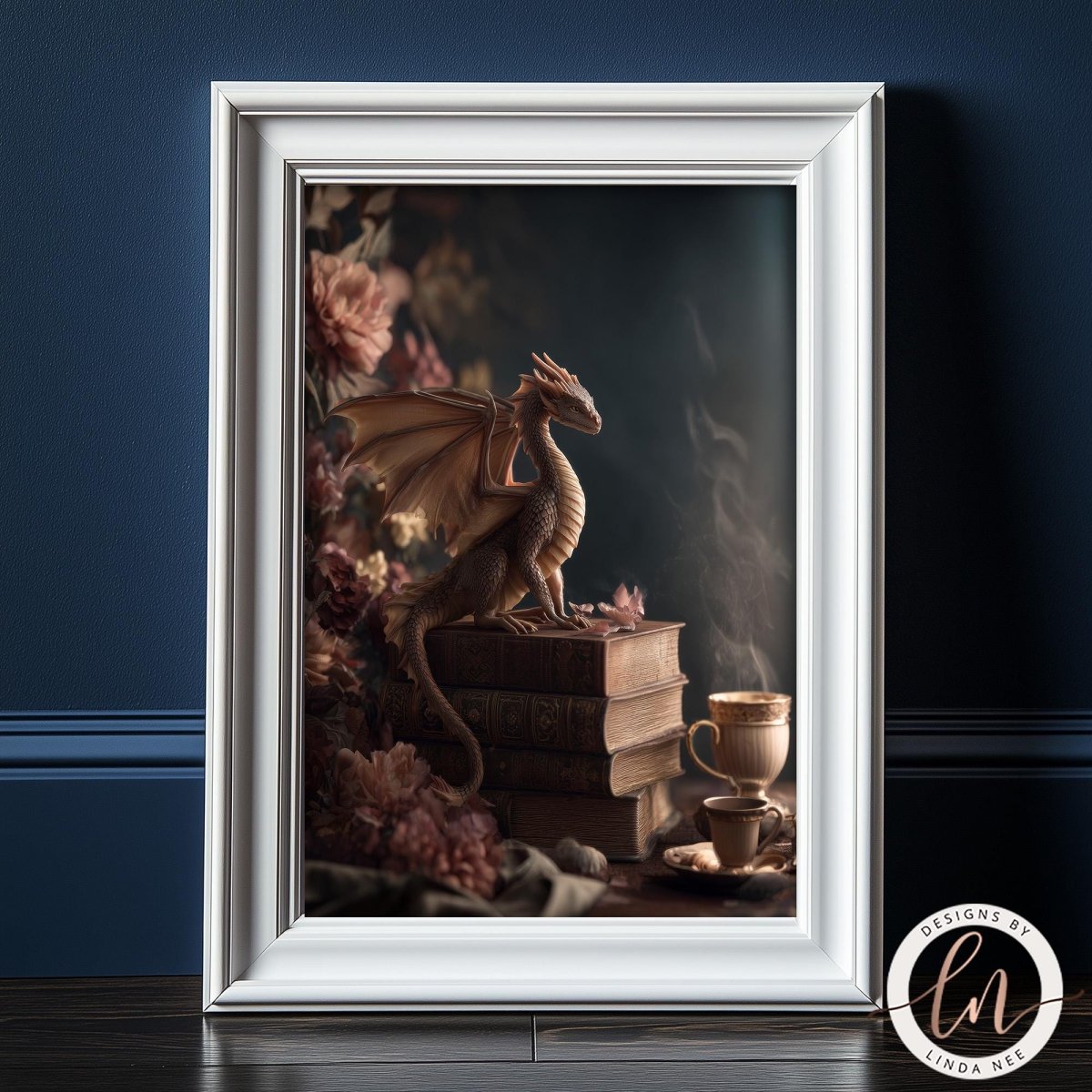 A framed image depicting a dragon perched on a stack of books, with a cup of tea nearby, set against a dark background with pink flowers.