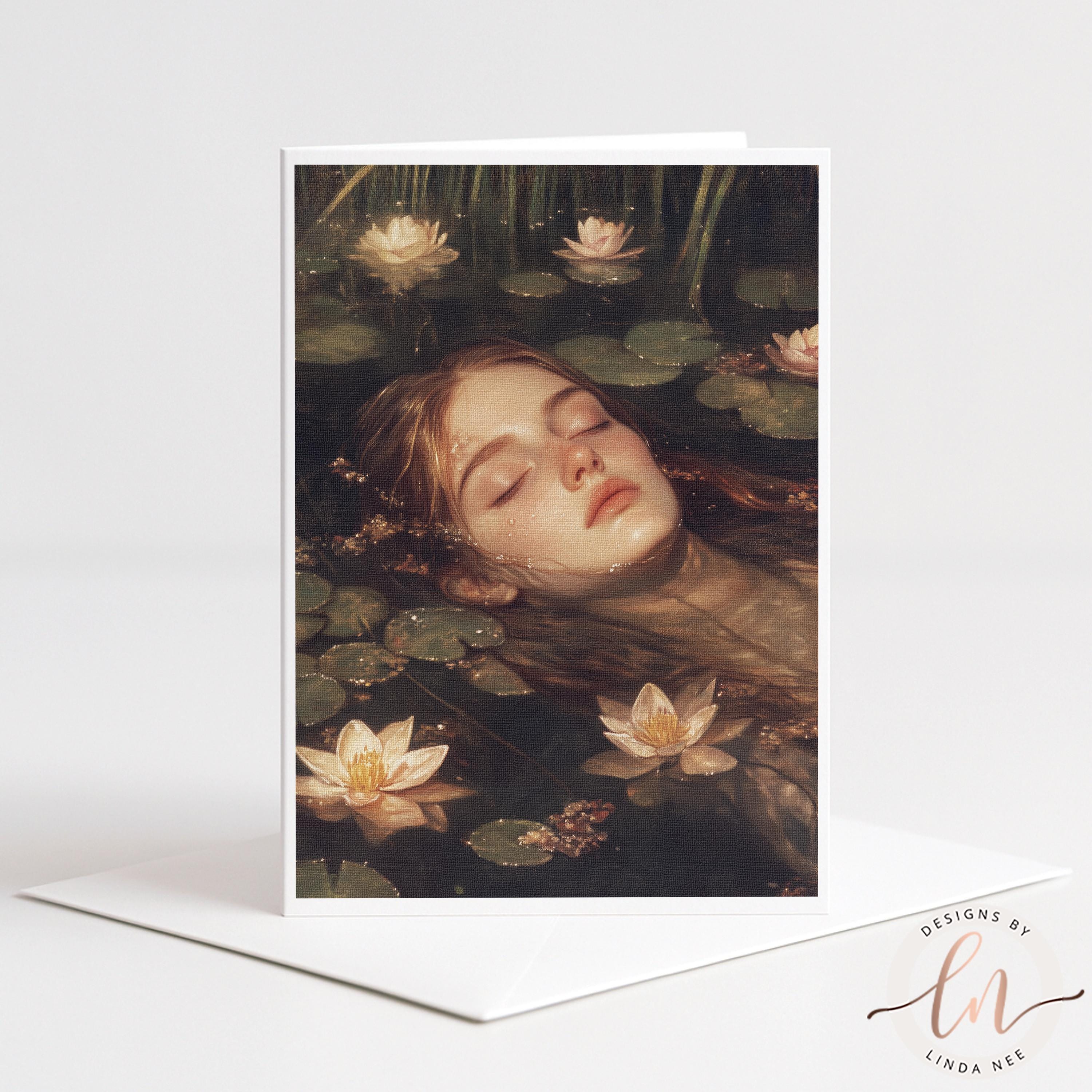 A woman's face is depicted in a tranquil, peaceful scene, surrounded by lily pads and flowers, with her eyes gently closed.