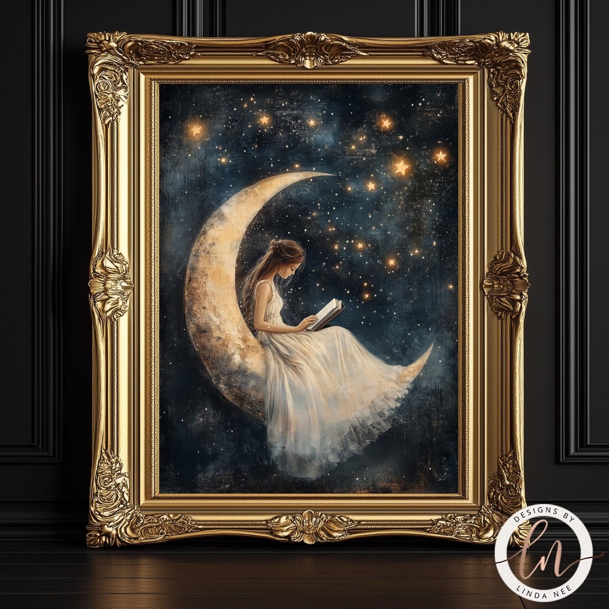 A woman in a flowing white dress is sitting on a crescent moon, reading a book, with a starry night sky in the background.