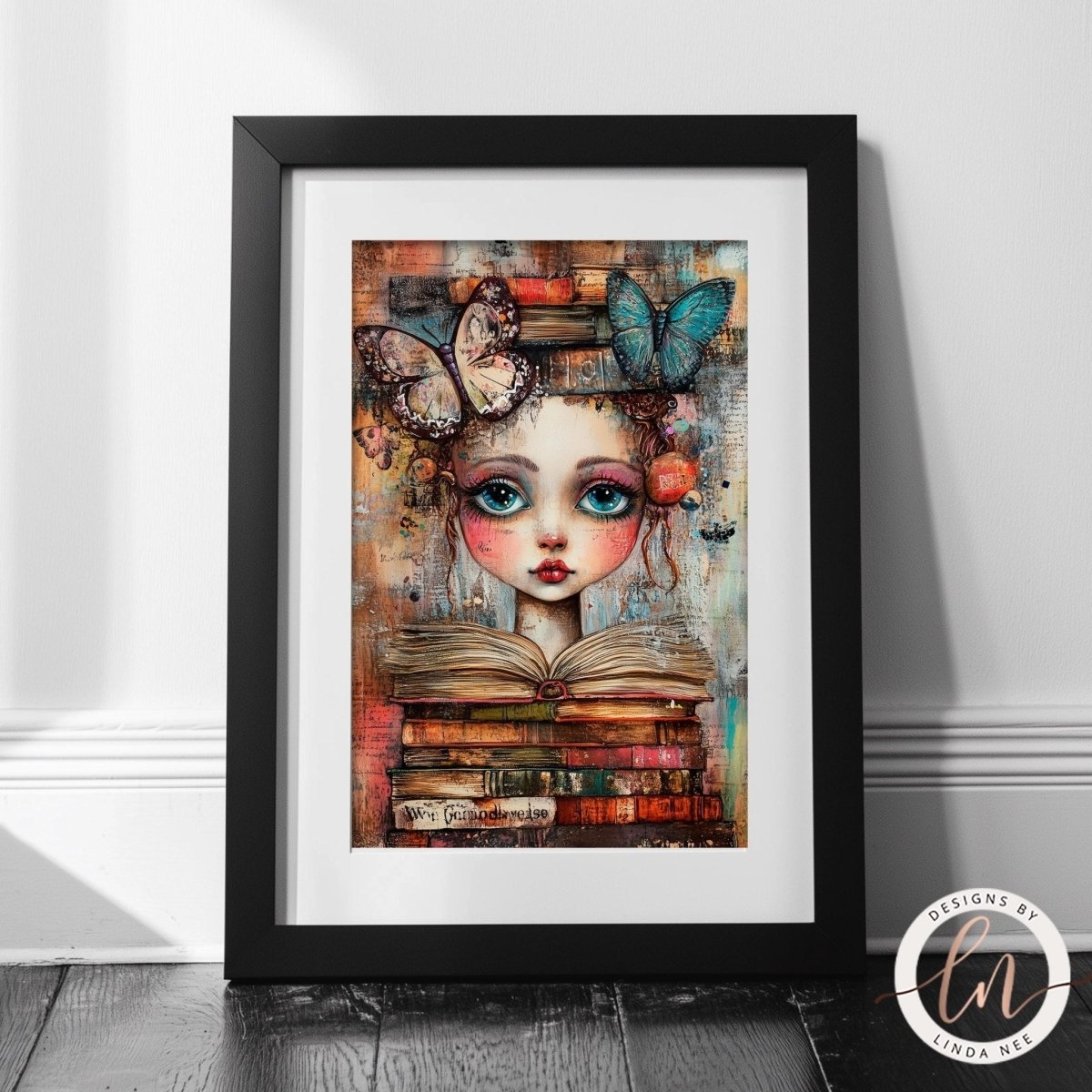 Girl holding a book surrounded by butterflies and whimsical elements