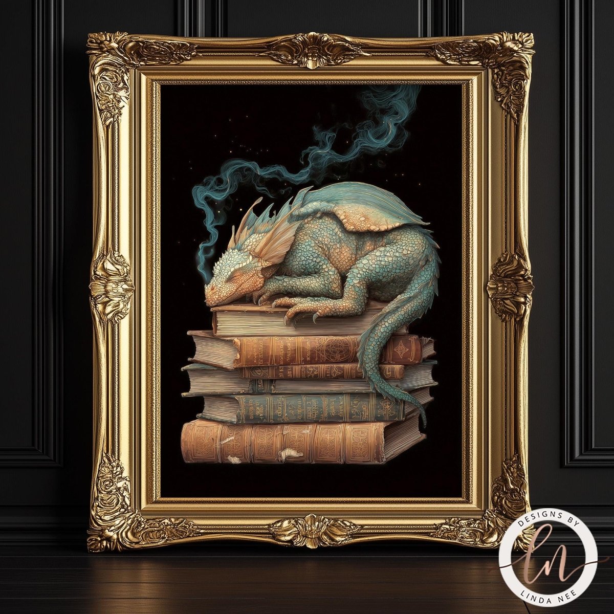 A framed illustration depicting a large, colorful dragon resting on a stack of books.
