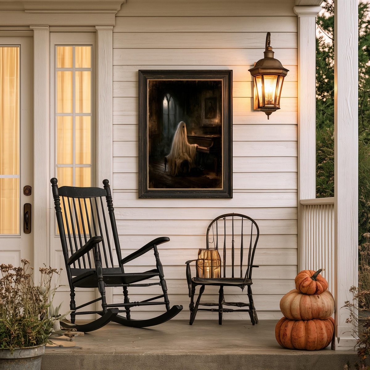 Covered porch with stacked pumpkins, a rocking chair, and the ghost piano print above