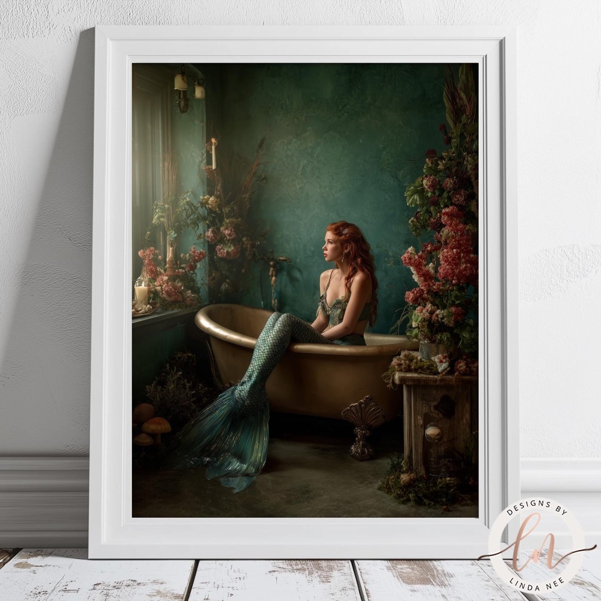 A mermaid with red hair is sitting in a bathtub, surrounded by flowers and plants, in a whimsical and fantastical scene.