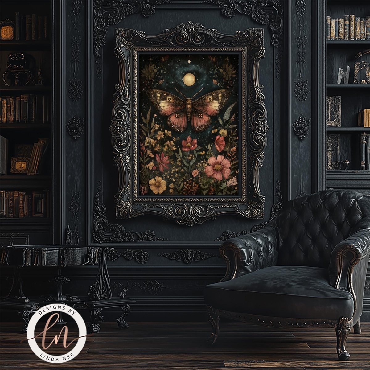 A framed gothic-style art print featuring a butterfly and flowers, displayed on a dark ornate wall in a library setting with a black leather armchair and bookshelves.