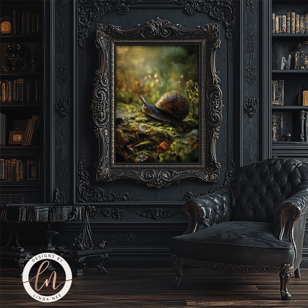 a large, ornate, and intricately designed frame hanging on a wall, with a painting of a snail resting on moss inside the frame. The frame is surrounded by a dark, ornate wall, and there is a black leather armchair in the foreground.
