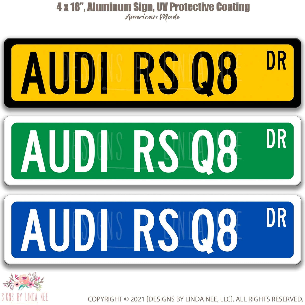 Audi RS Q8 DR street name sign shown in three aluminum color options