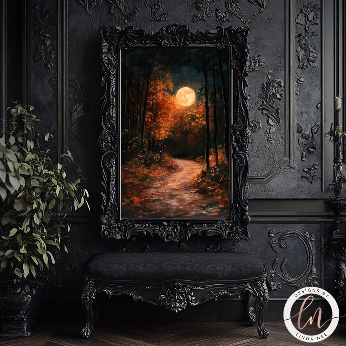 Autumn forest path lit brightly beneath a rich golden moon
