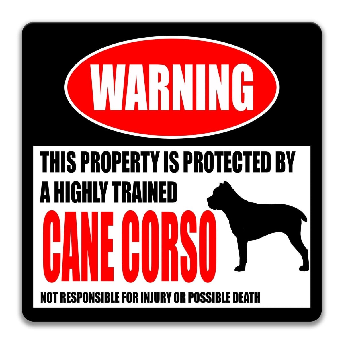 Cane Corso warning sign, red WARNING banner and large Cane Corso dog silhouette, funny Cane Corso lover gift, aluminum with rounded corners