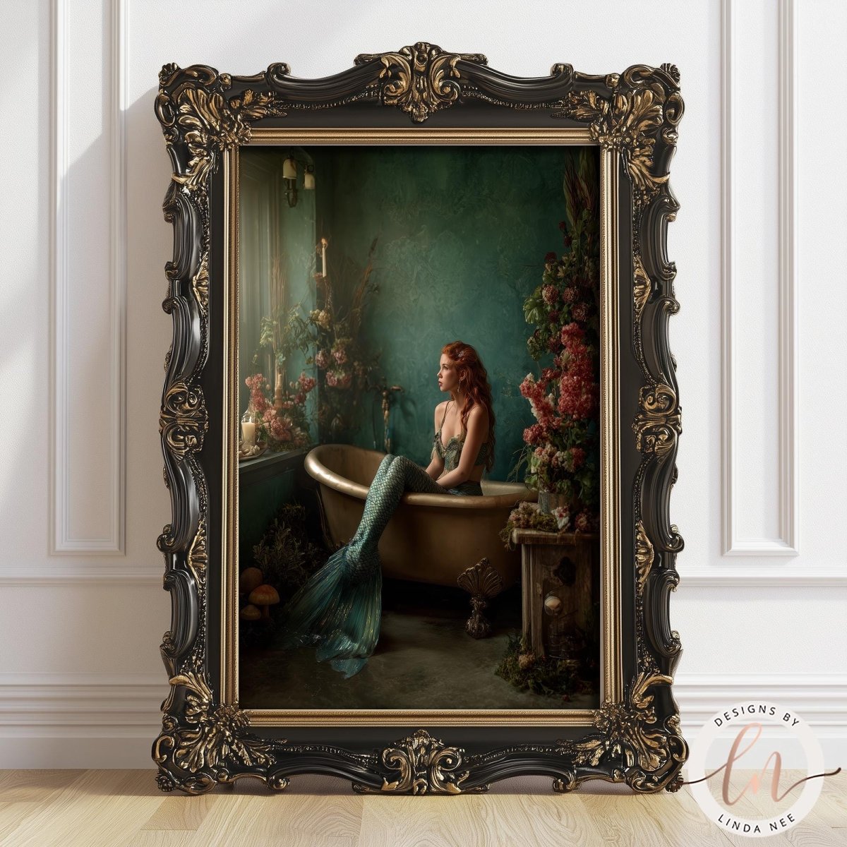 A mermaid sitting in a bathtub, surrounded by flowers and plants, in an ornate, gilded frame.