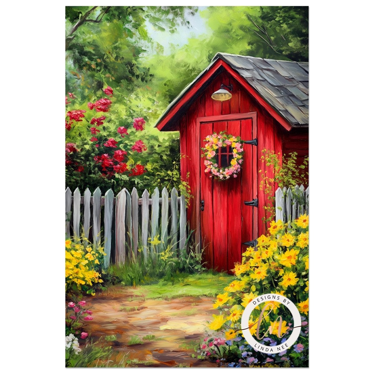 Charming red shed with a wreath and vibrant garden flowers