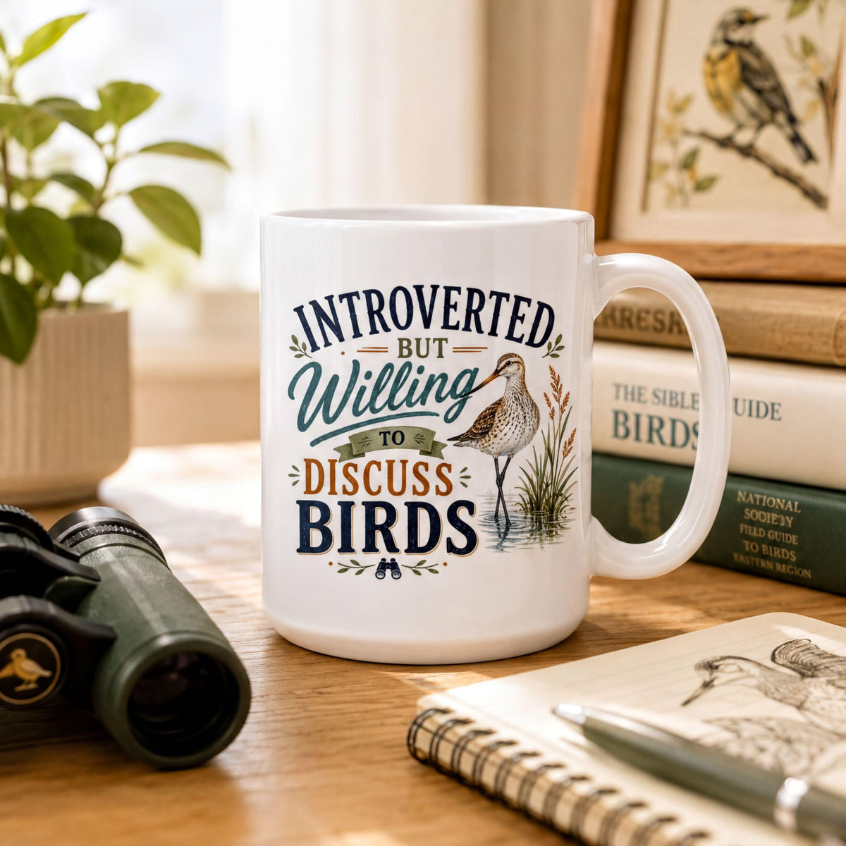 Shorebird mug on a sunny wooden desk with green binoculars, bird field guides and a sketchbook of wading birds