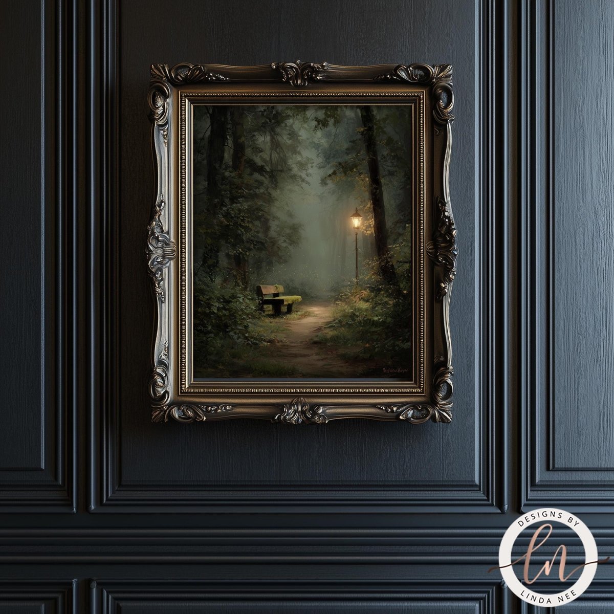 a painting of a bench in a forest, hanging on a dark wall.