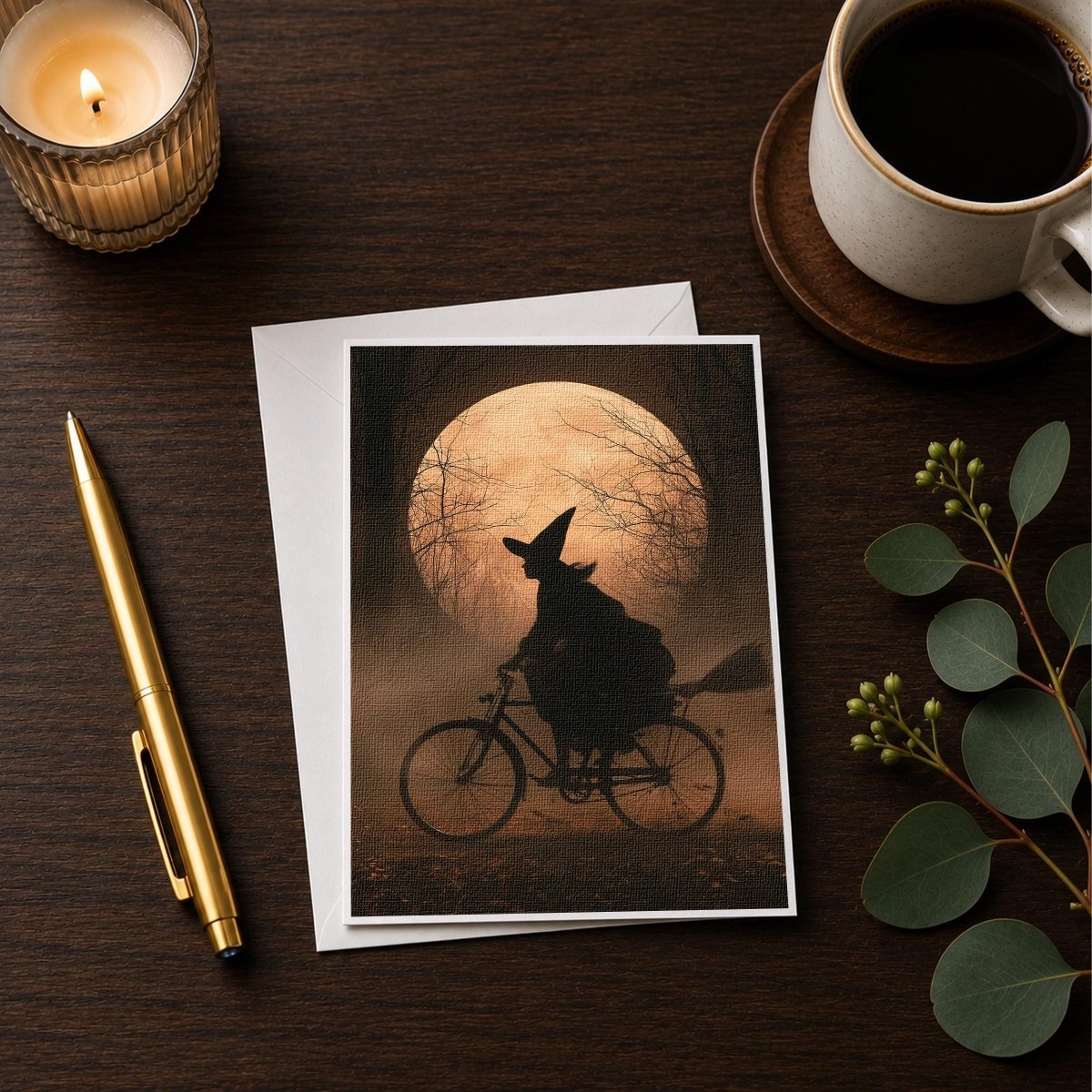 Witch on a bike orange moon note card styled with a candle, pen, and coffee