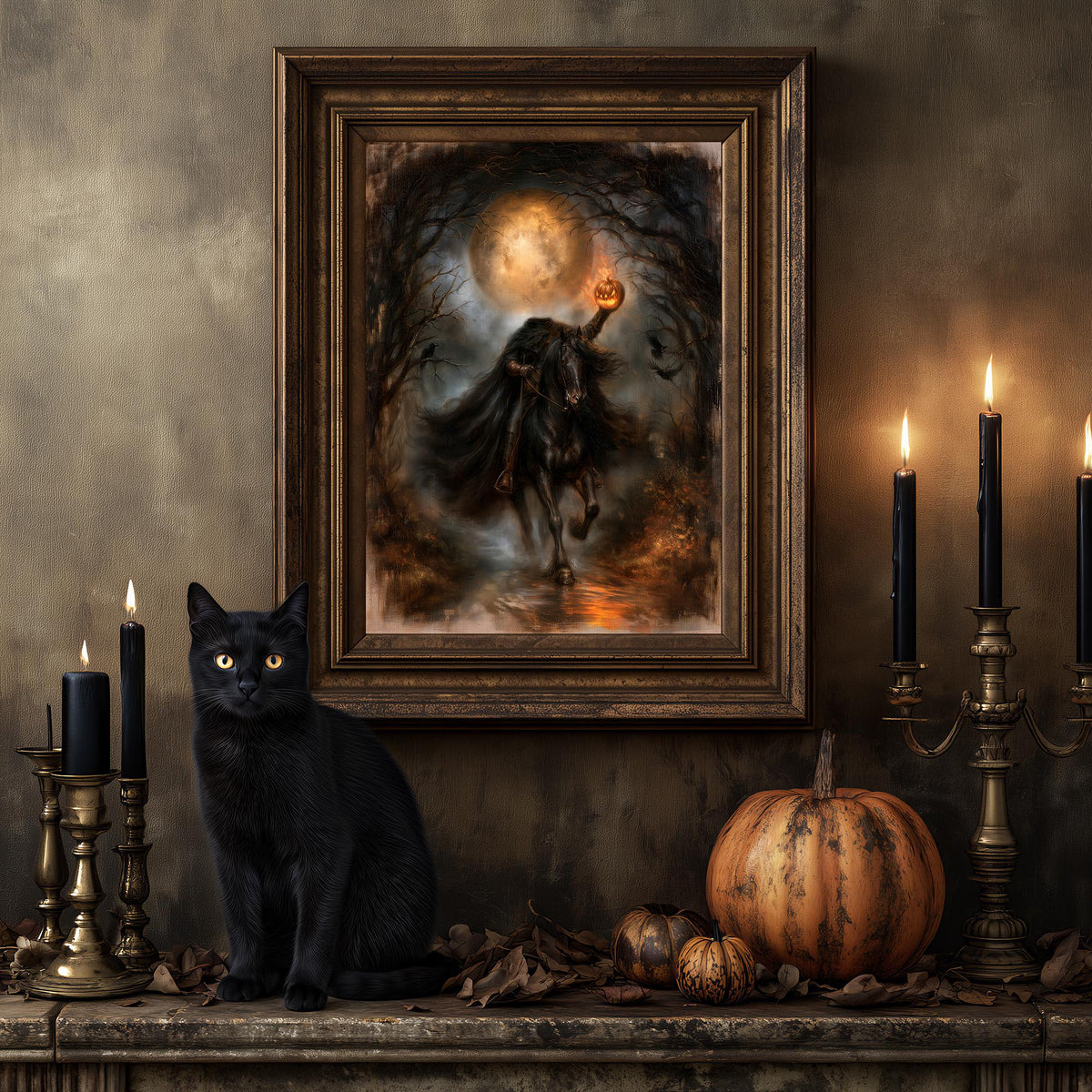 Black cat on a mantel below the headless horseman art print and lit candles