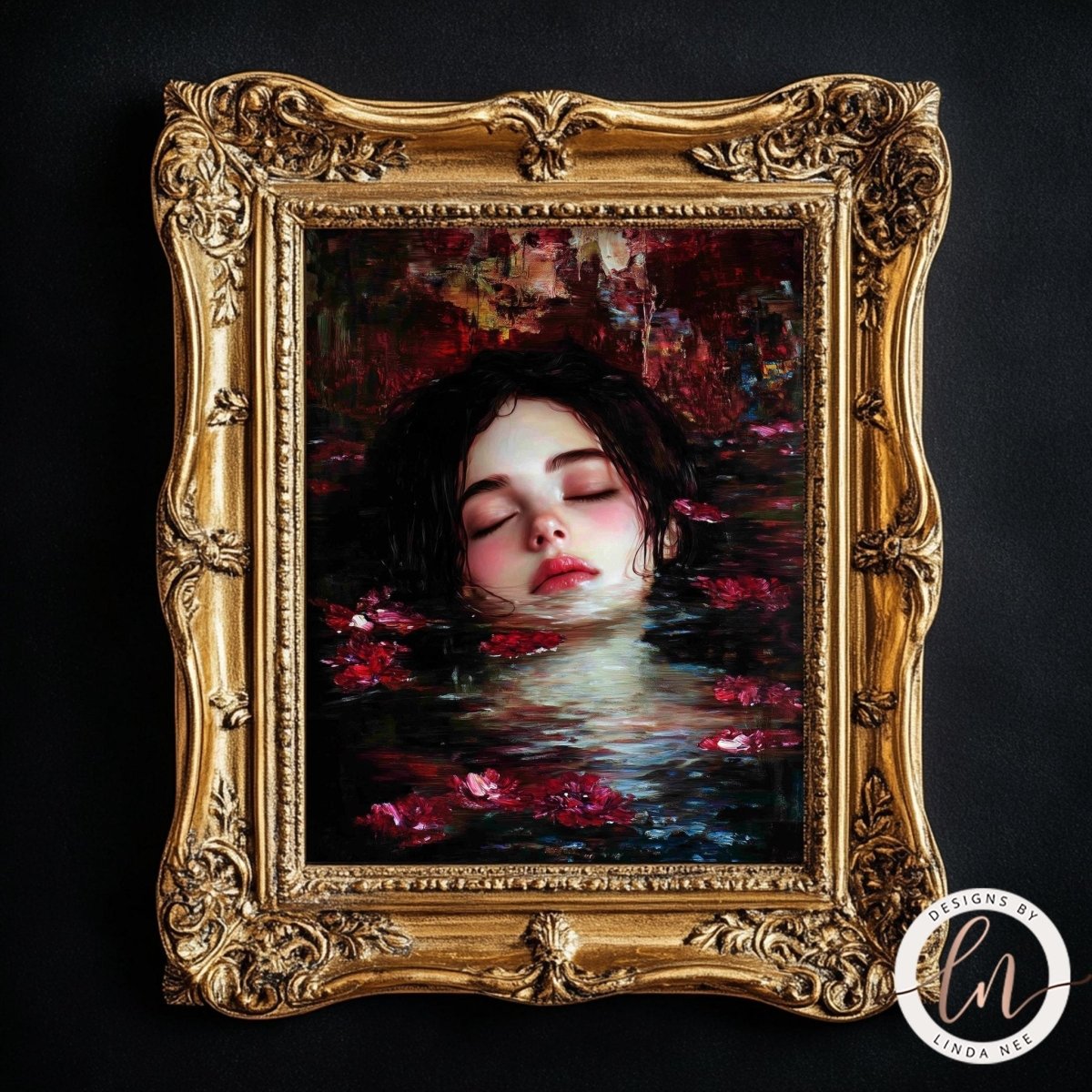 Face floating in dark water surrounded by red flowers