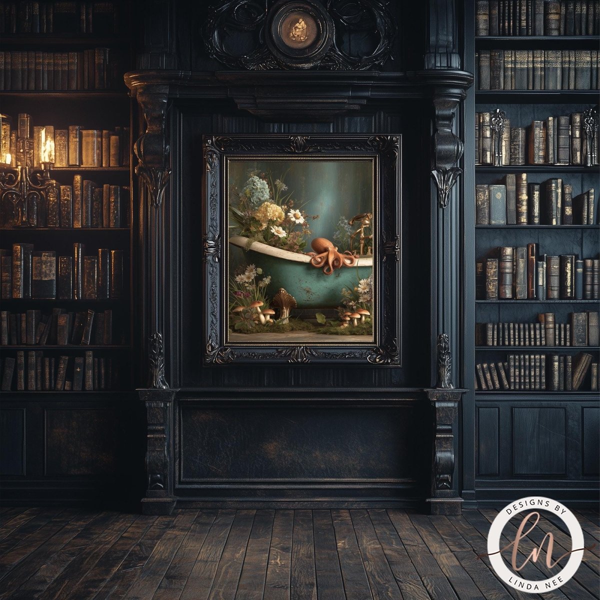 a dark, ornate room with a large painting of a bathtub filled with flowers and a person sitting inside. The room is surrounded by numerous bookshelves filled with books, creating a cozy and intellectual atmosphere.