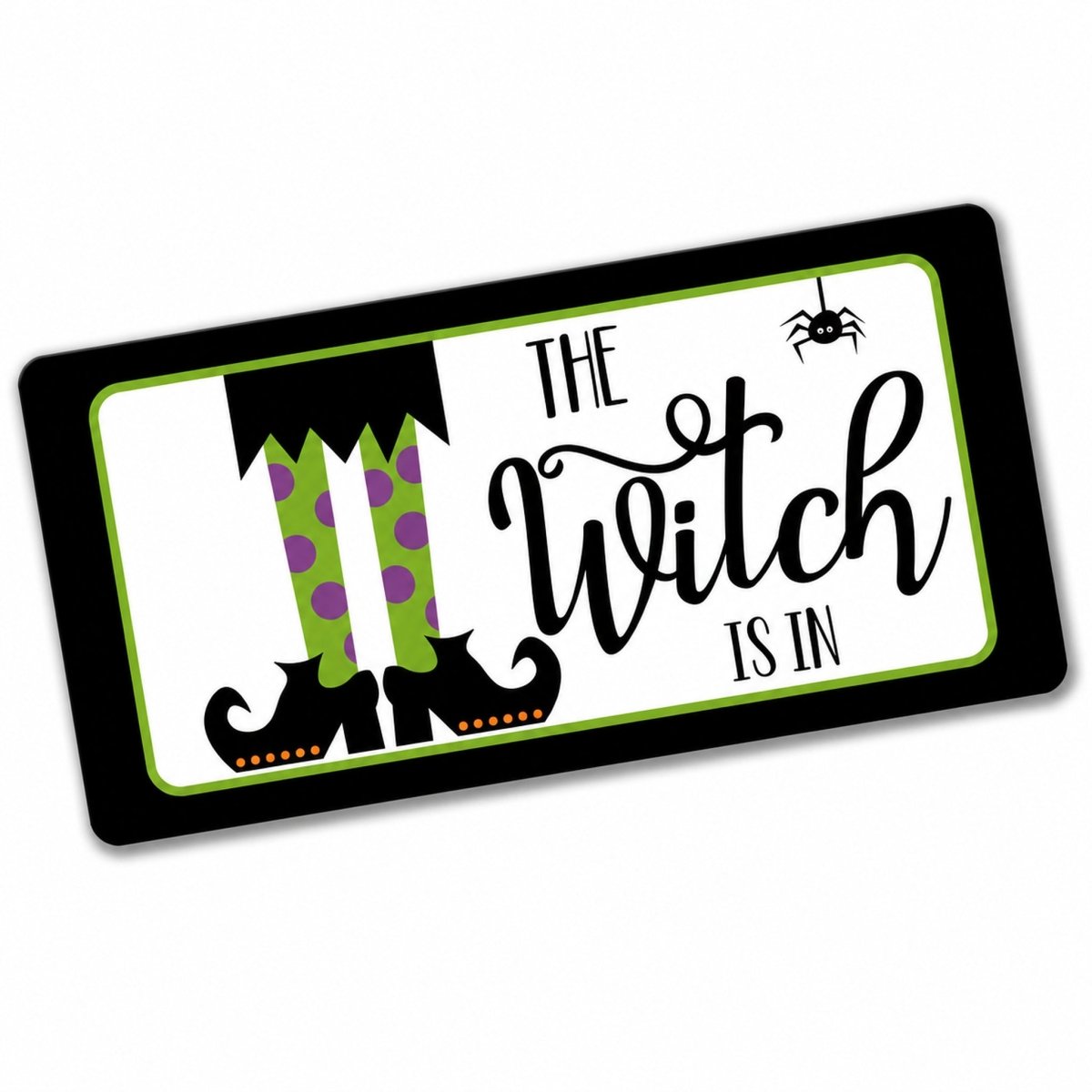 The Witch Is In 6x12 metal wreath sign with striped witch legs