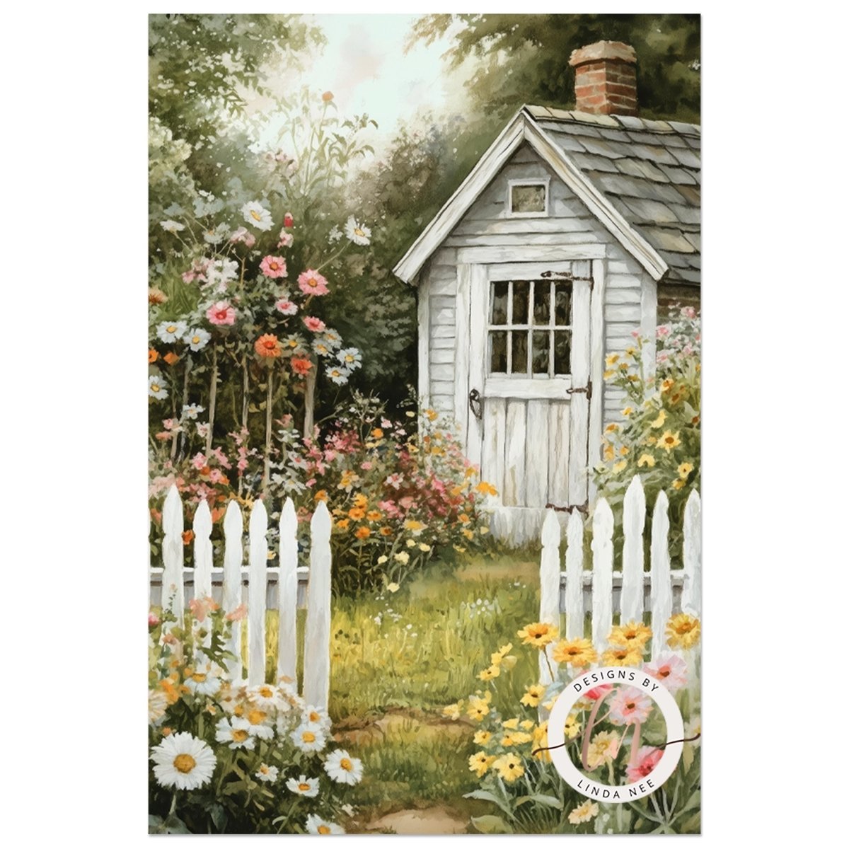 White cottage nestled among daisies and daffodils
