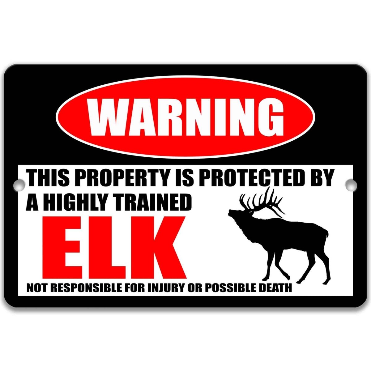 Elk warning metal sign on glossy black, red WARNING oval and bull elk silhouette