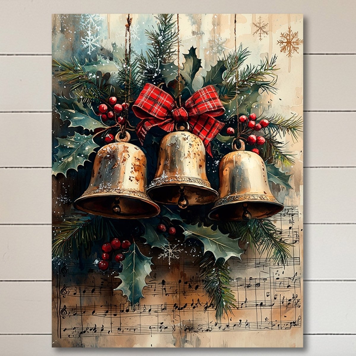 Three golden bells hanging from holly and berries with sheet music behind