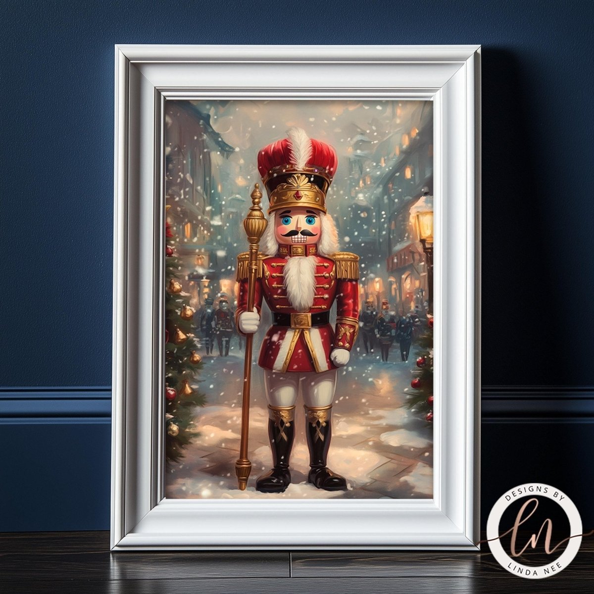 Nutcracker soldier standing in a snowy street with Christmas lights behind