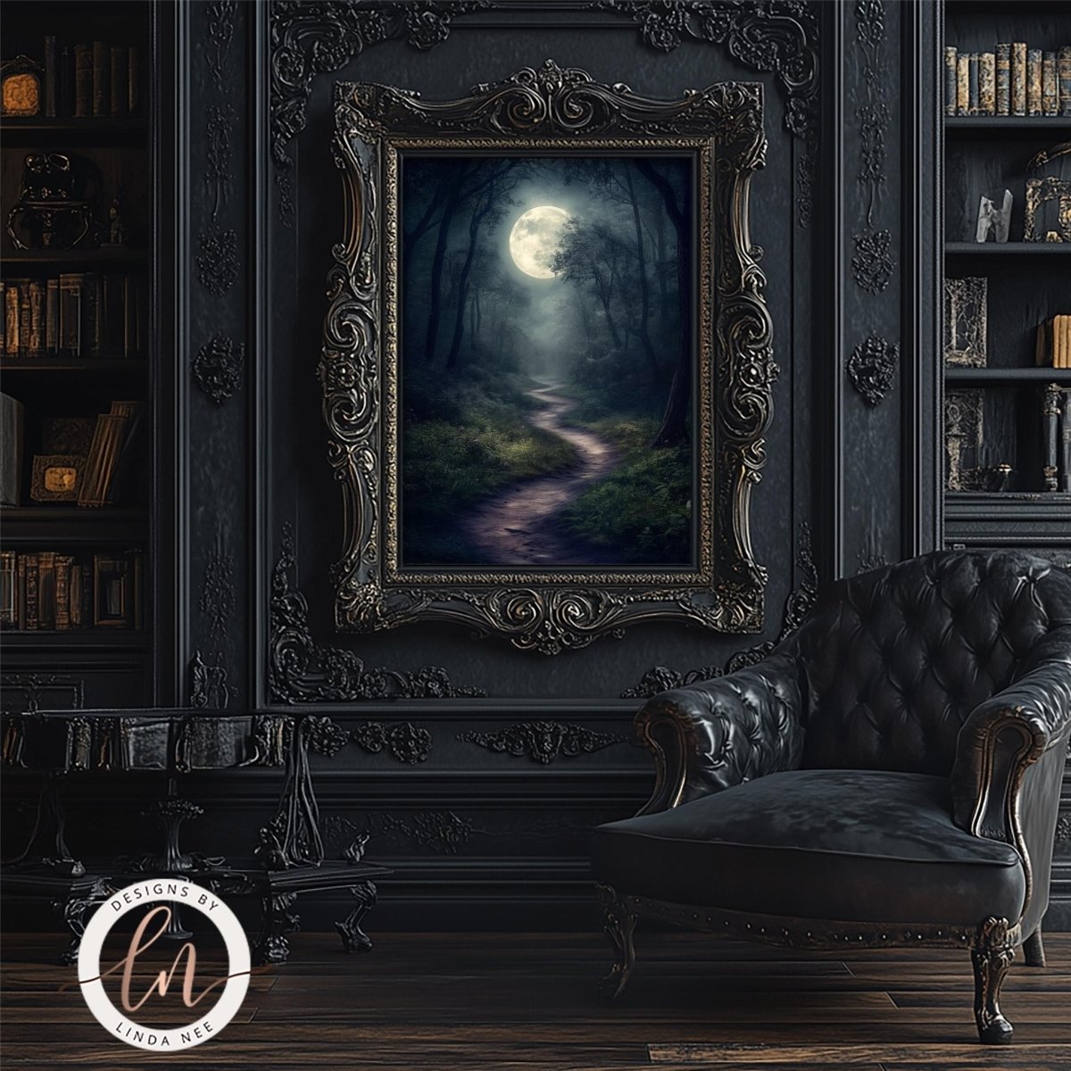 Forest path print displayed in a room with a leather armchair