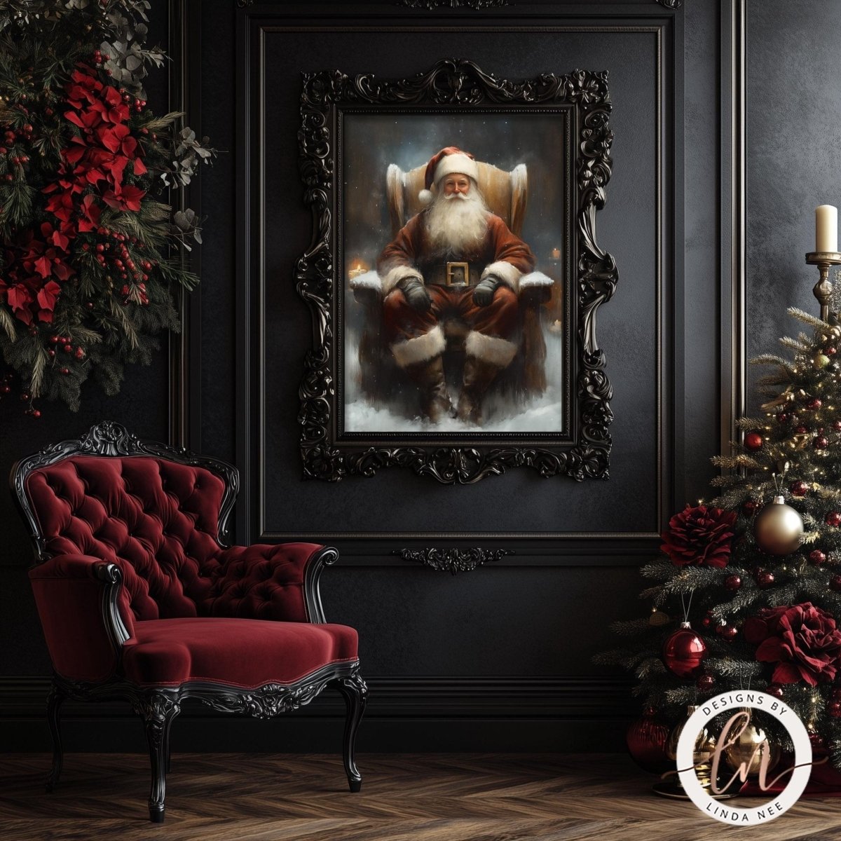 Old world Santa artwork on a dark wall above a red velvet armchair and lit tree