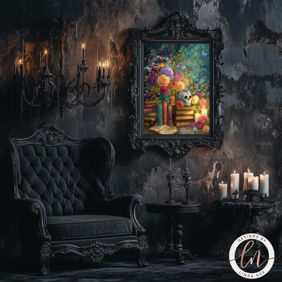 a luxurious and ornate room with a dark color scheme, featuring a large painting of flowers and a chandelier, a black tufted armchair, and a table with candles.