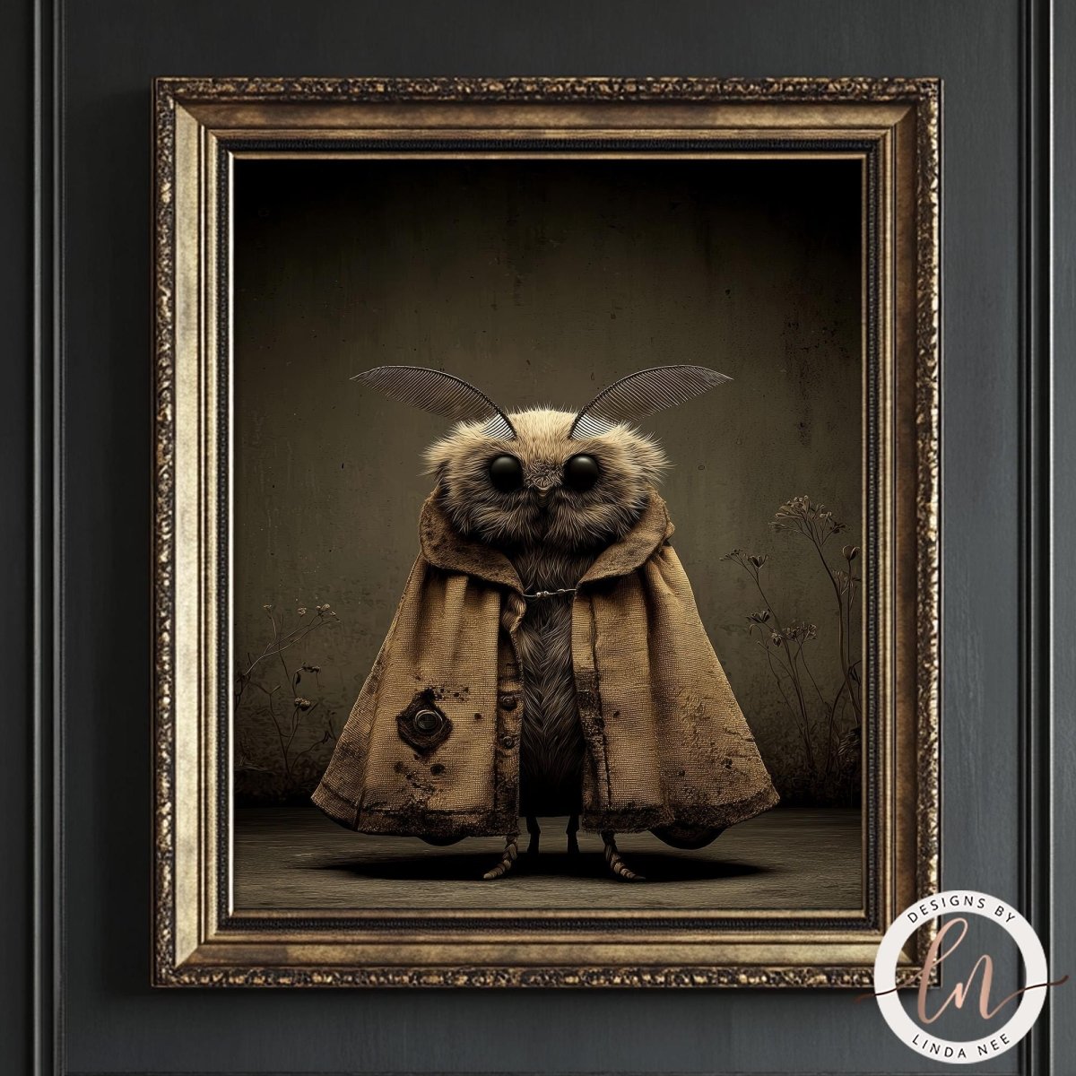 A central portrait of a whimsical moth character with large, glossy black eyes and wide, feathered antennae. The moth wears a heavy, tattered brown traveler's cloak with a single large button on the left side. The background is a dark, moody sepia with subtle textures and skeletal plant stems.
