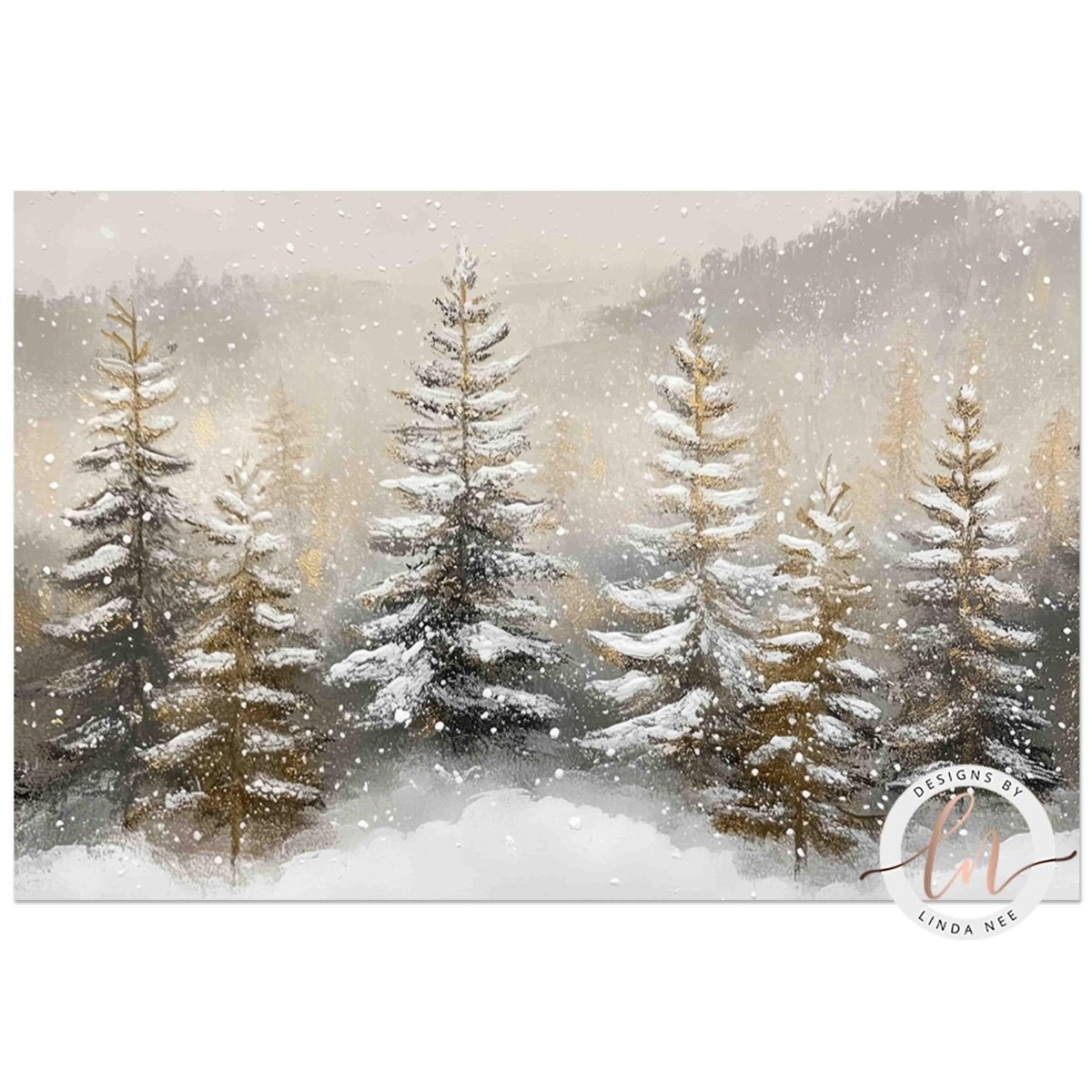 Snow covered pine trees fading into soft winter fog
