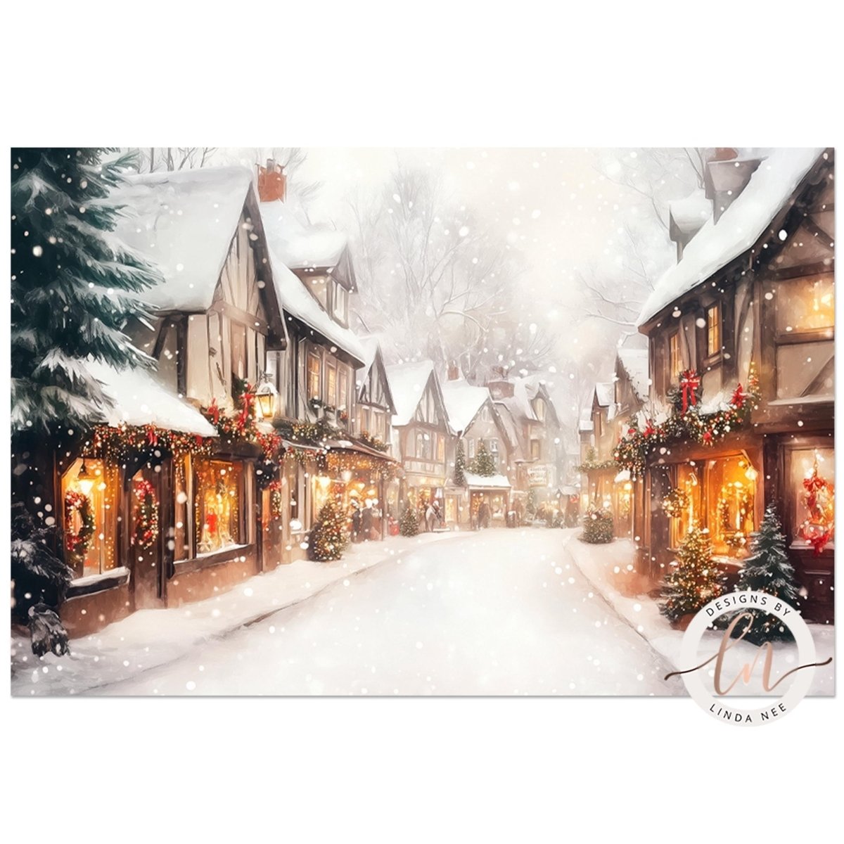 Snowy village street lined with houses decorated with Christmas lights