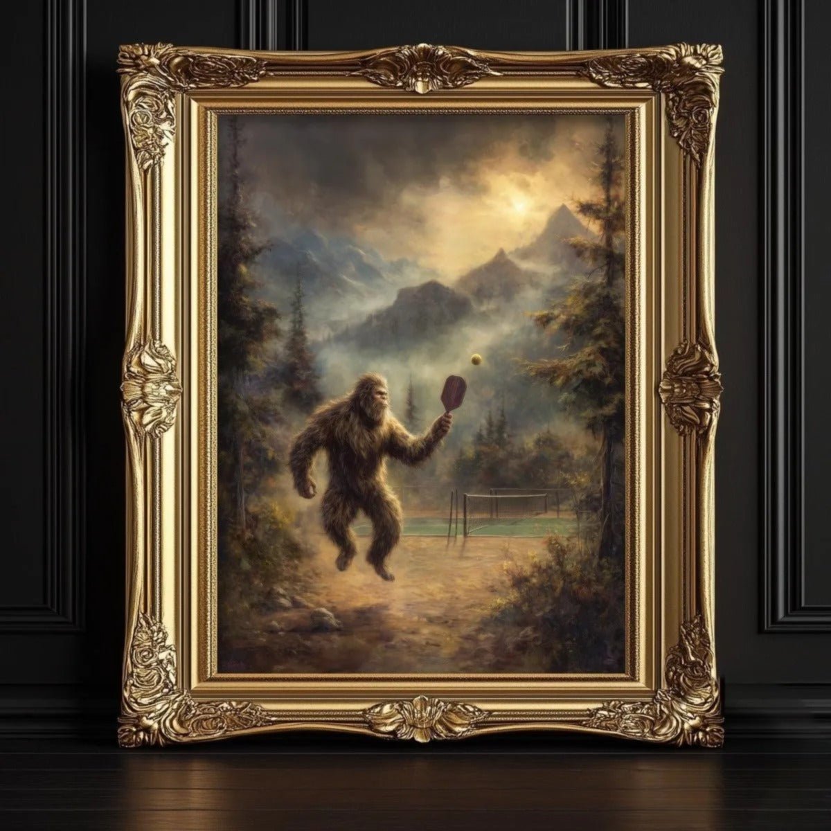 Bigfoot holding a paddle on a forest pickleball court