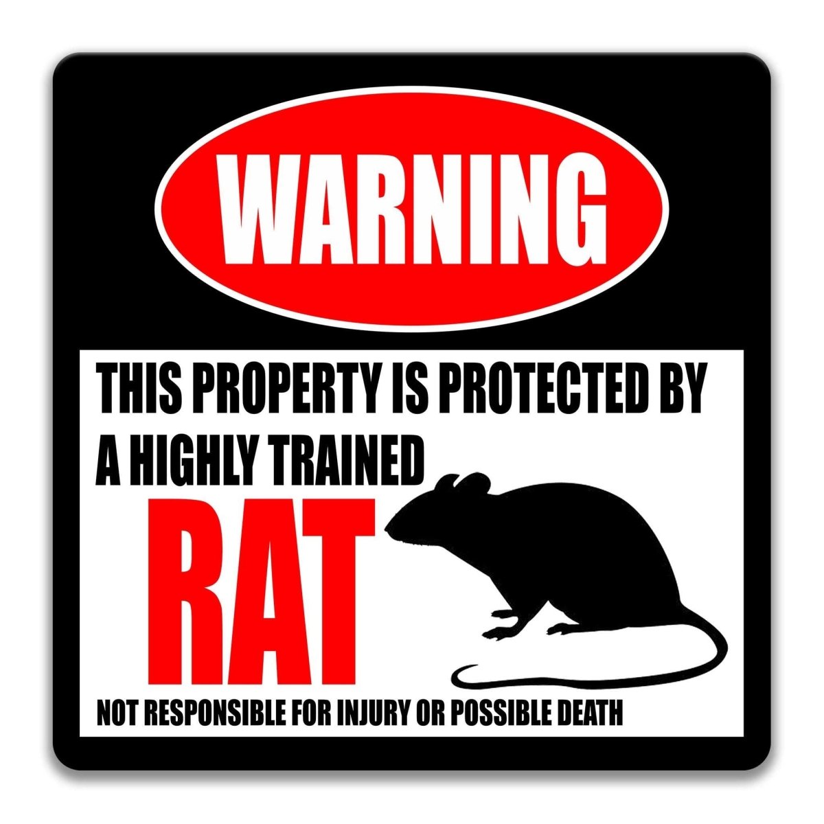 Rat warning sign, red WARNING banner and large rat silhouette, funny Rat lover gift, aluminum with rounded corners