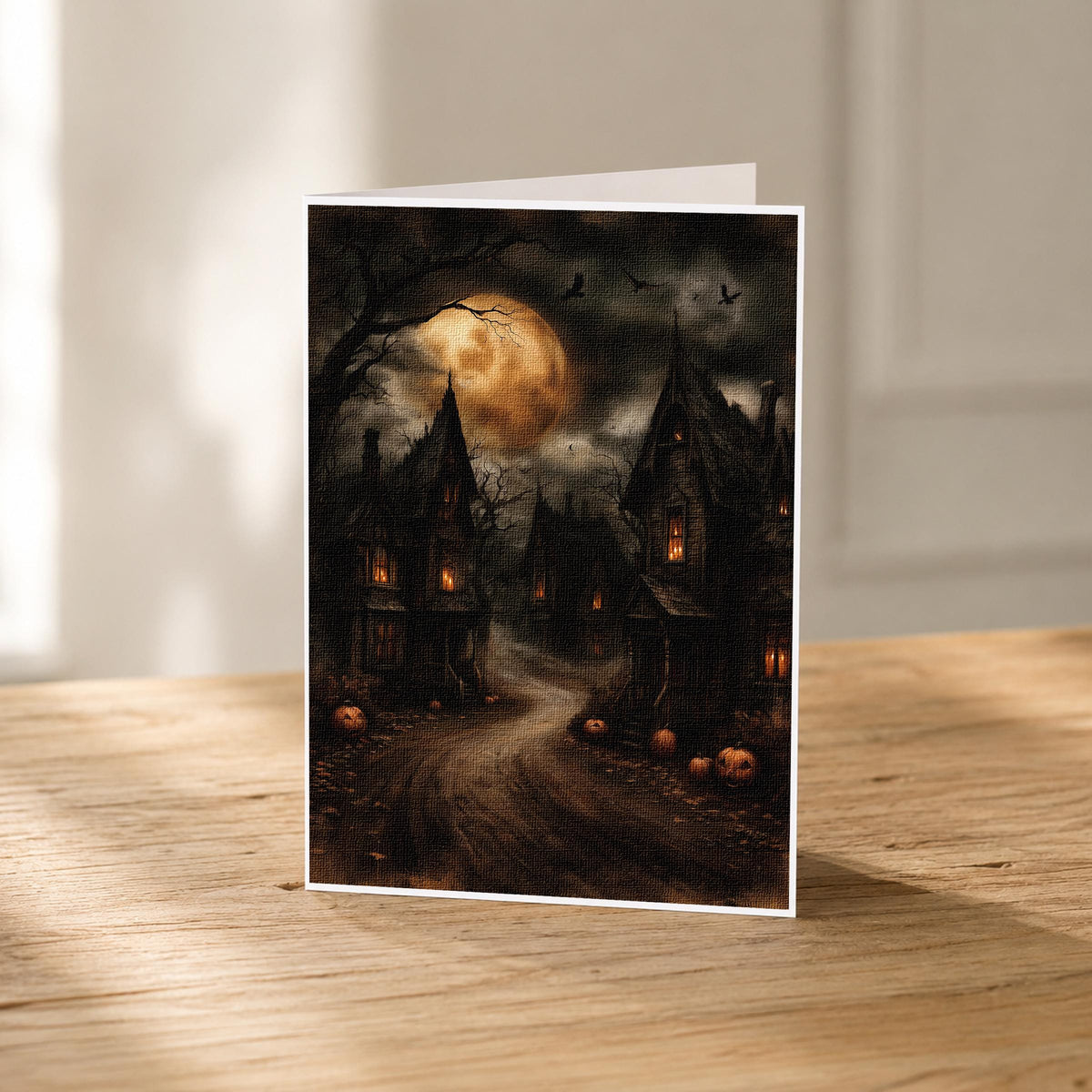 5x7 haunted village blank note card standing upright showing its linen texture