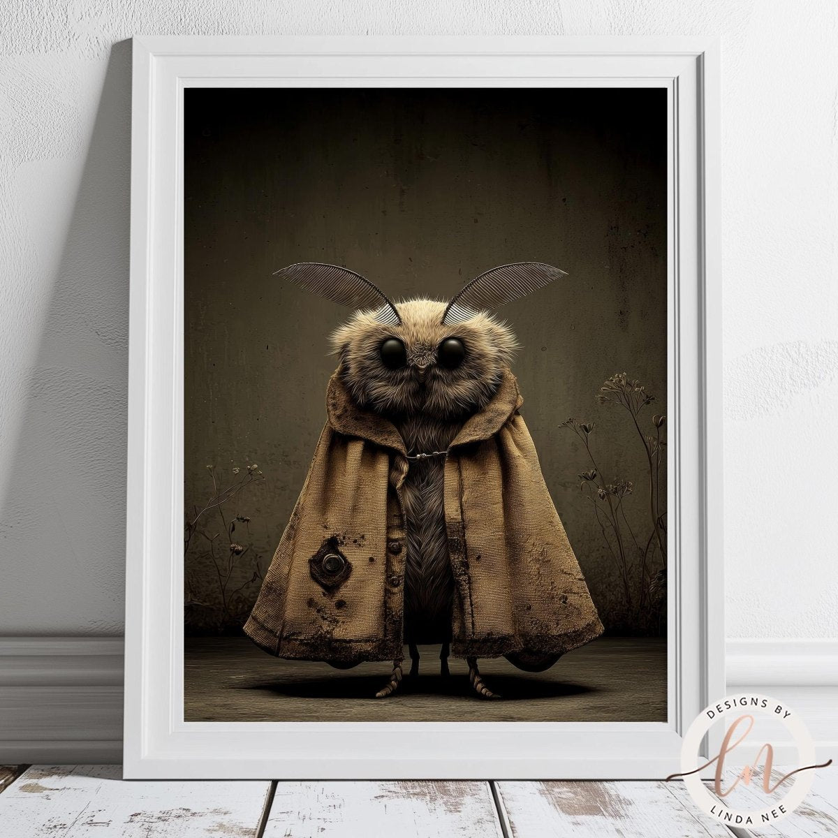 A framed image depicting a large moth with a brown robe and large wings, standing against a dark background.