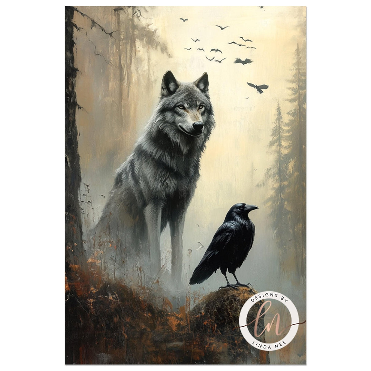 A gray wolf stands in a misty forest, with a black crow perched on a rock nearby.
