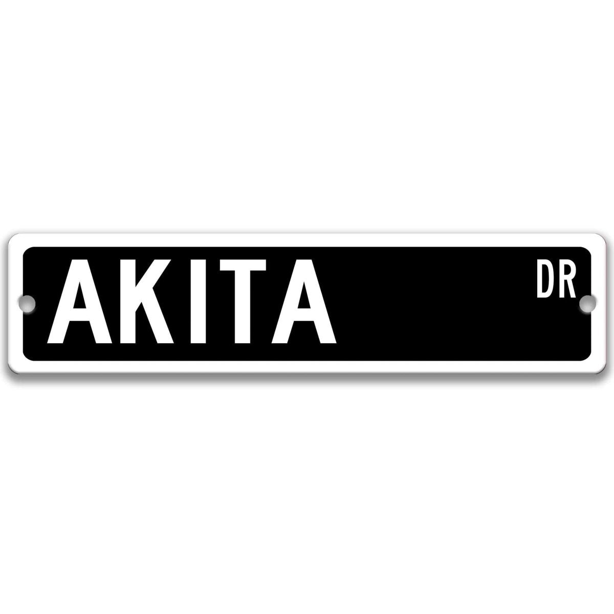 Black Akita DR aluminum street sign with white lettering
