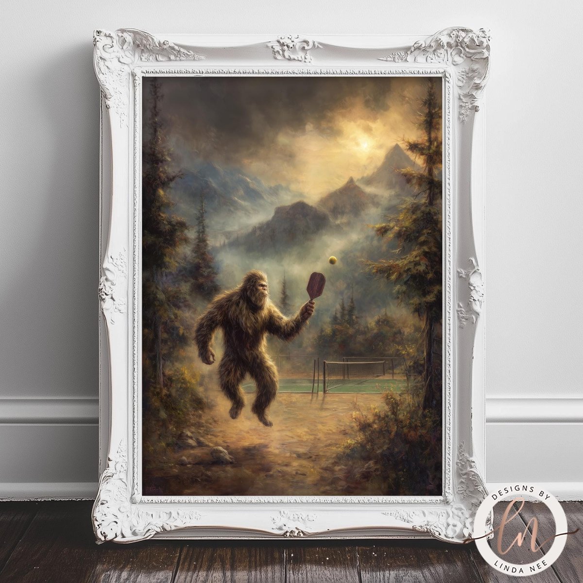 A painting of a large, furry creature resembling a Sasquatch holding a paddle and standing on a dirt path in a forested area with mountains in the background.