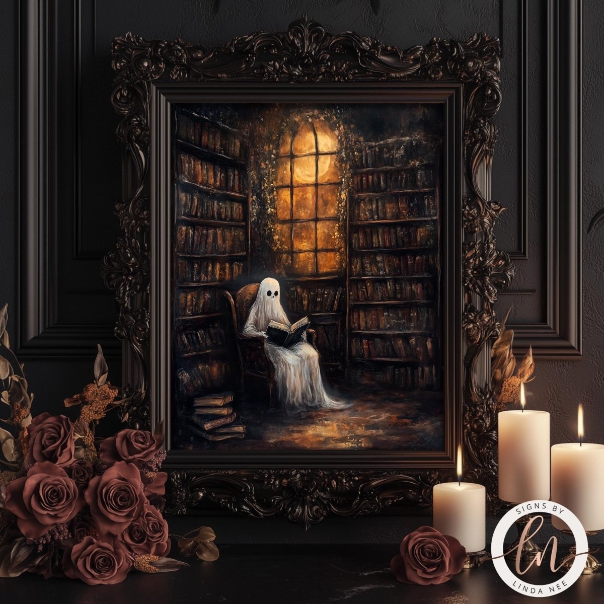 Ghost in a library surrounded by books and lit candles