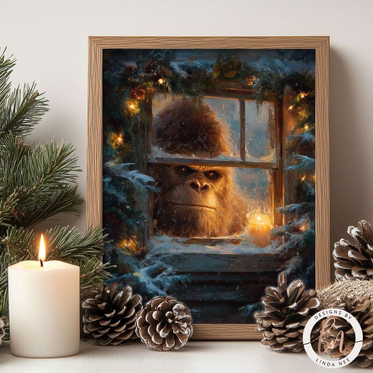 Bigfoot peering through a window strung with Christmas lights and evergreen garland