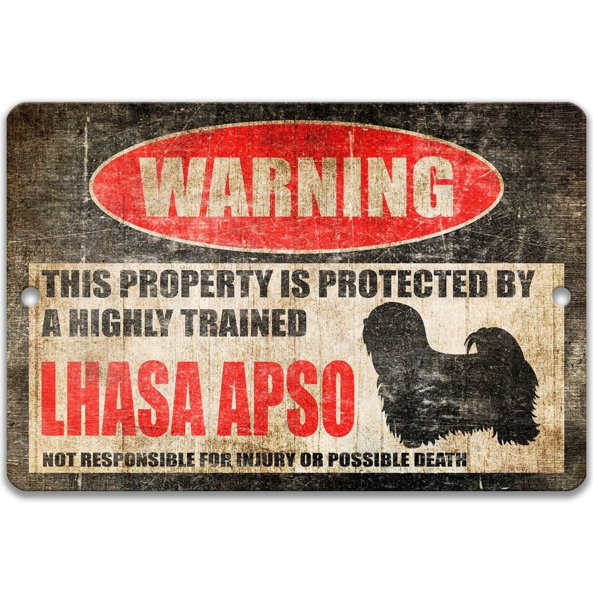 Lhasa Apso warning sign, red WARNING oval, this property is protected by a highly trained Lhasa Apso, with Lhasa Apso dog silhouette
