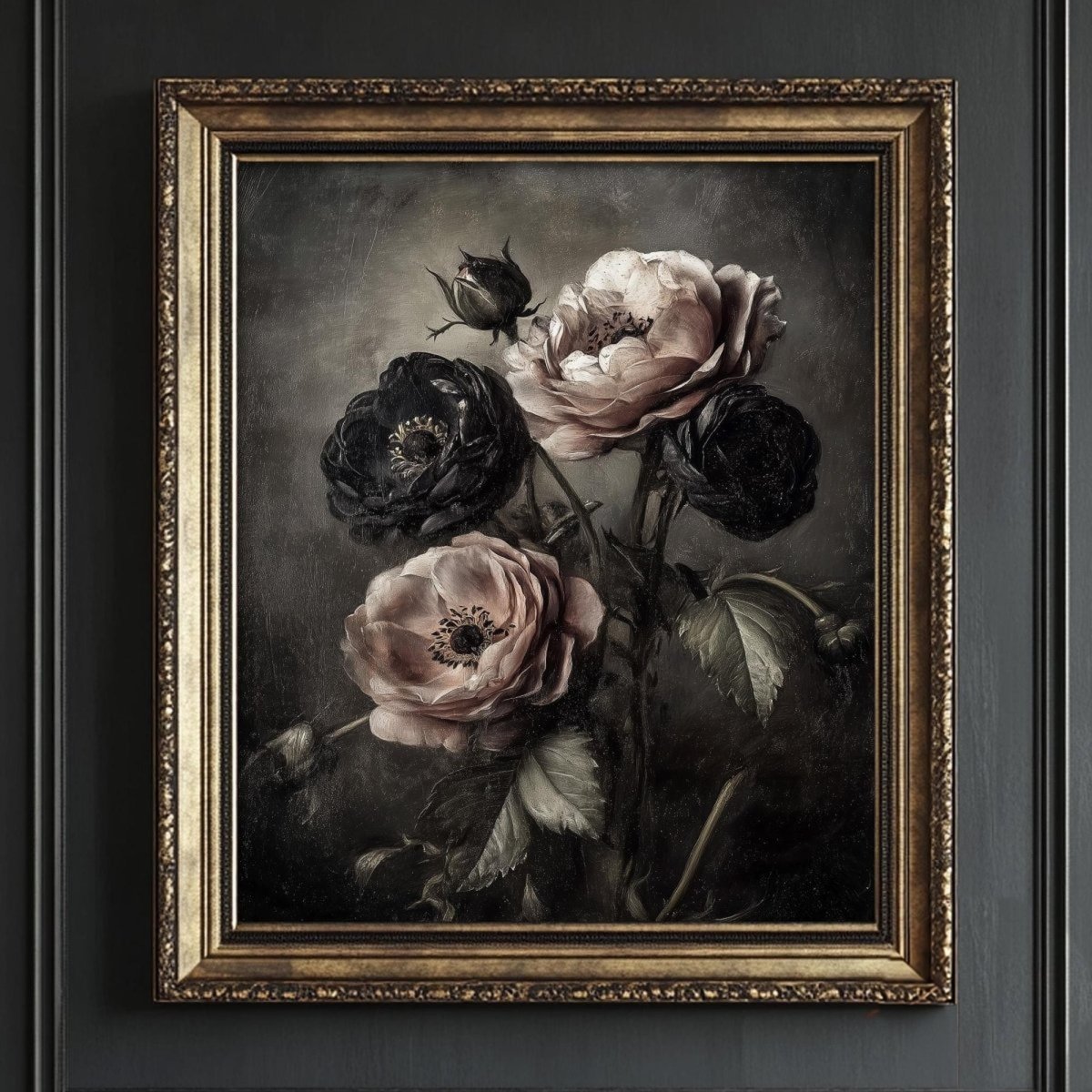 Three roses in shades of pink and black against a dark background