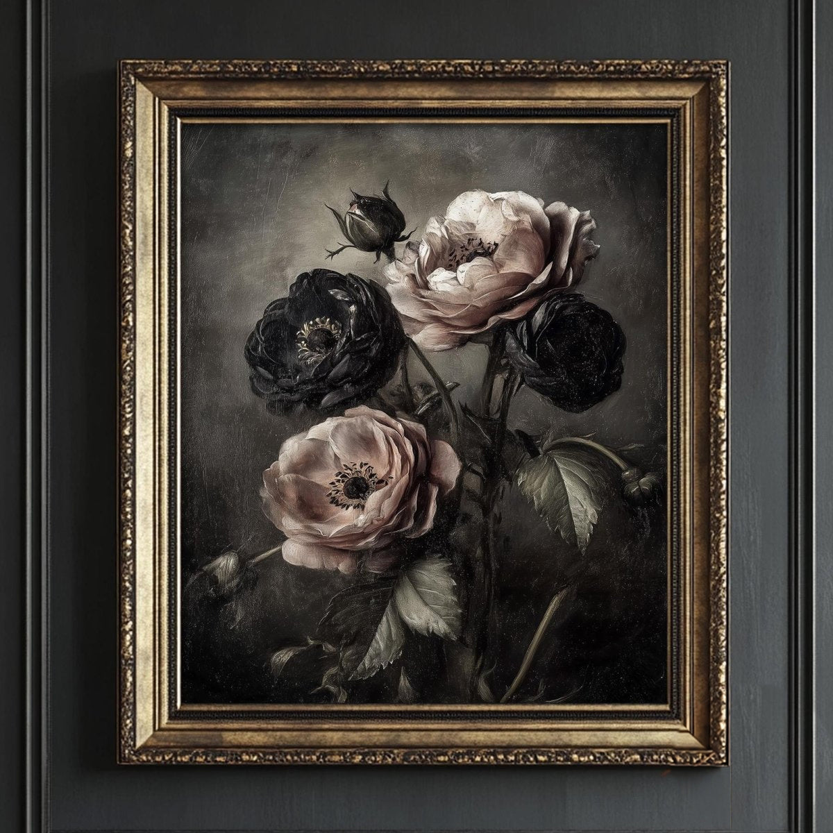 A framed painting of three roses in various shades of pink and black against a dark background.
