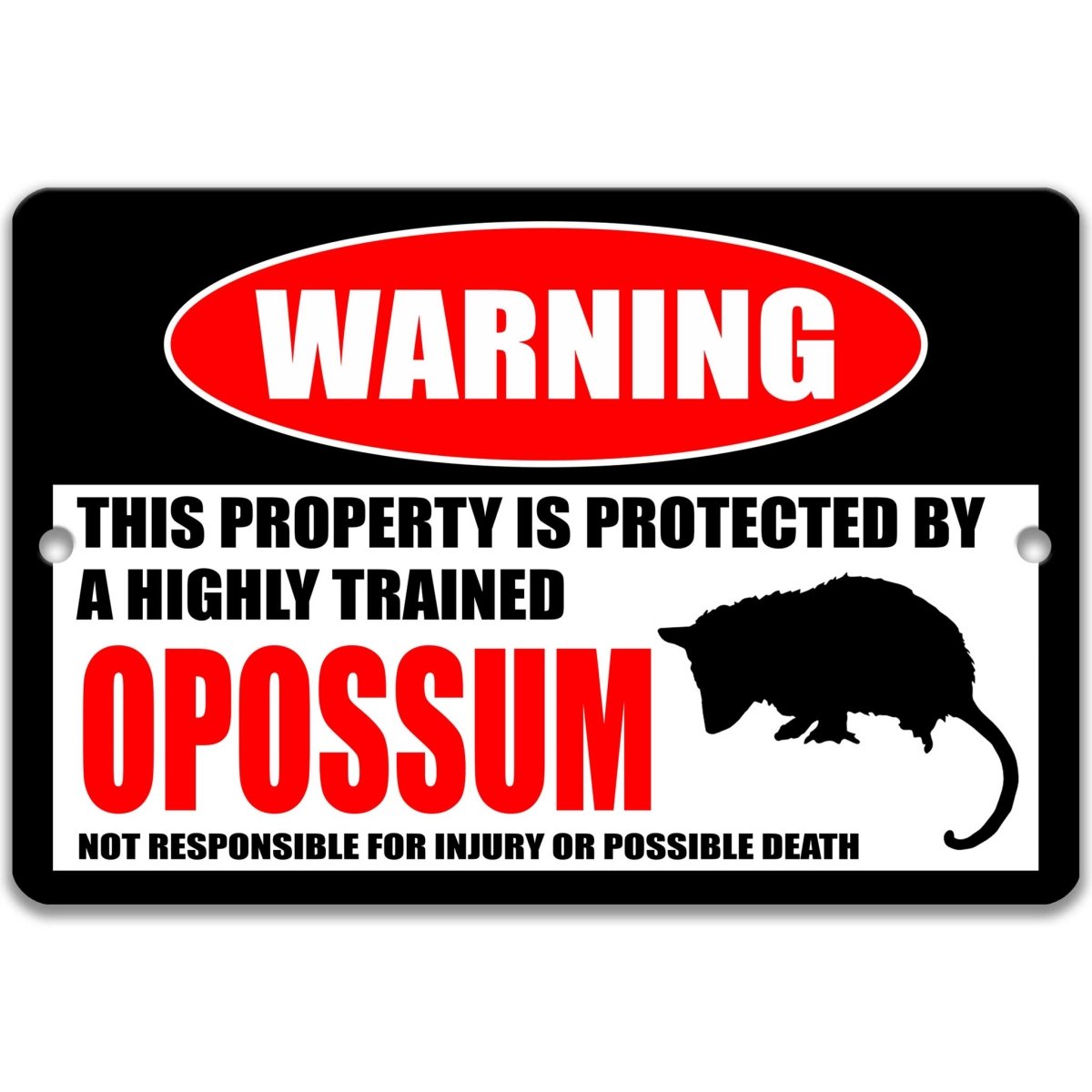 Opossum warning metal sign on glossy black, red WARNING oval and opossum silhouette