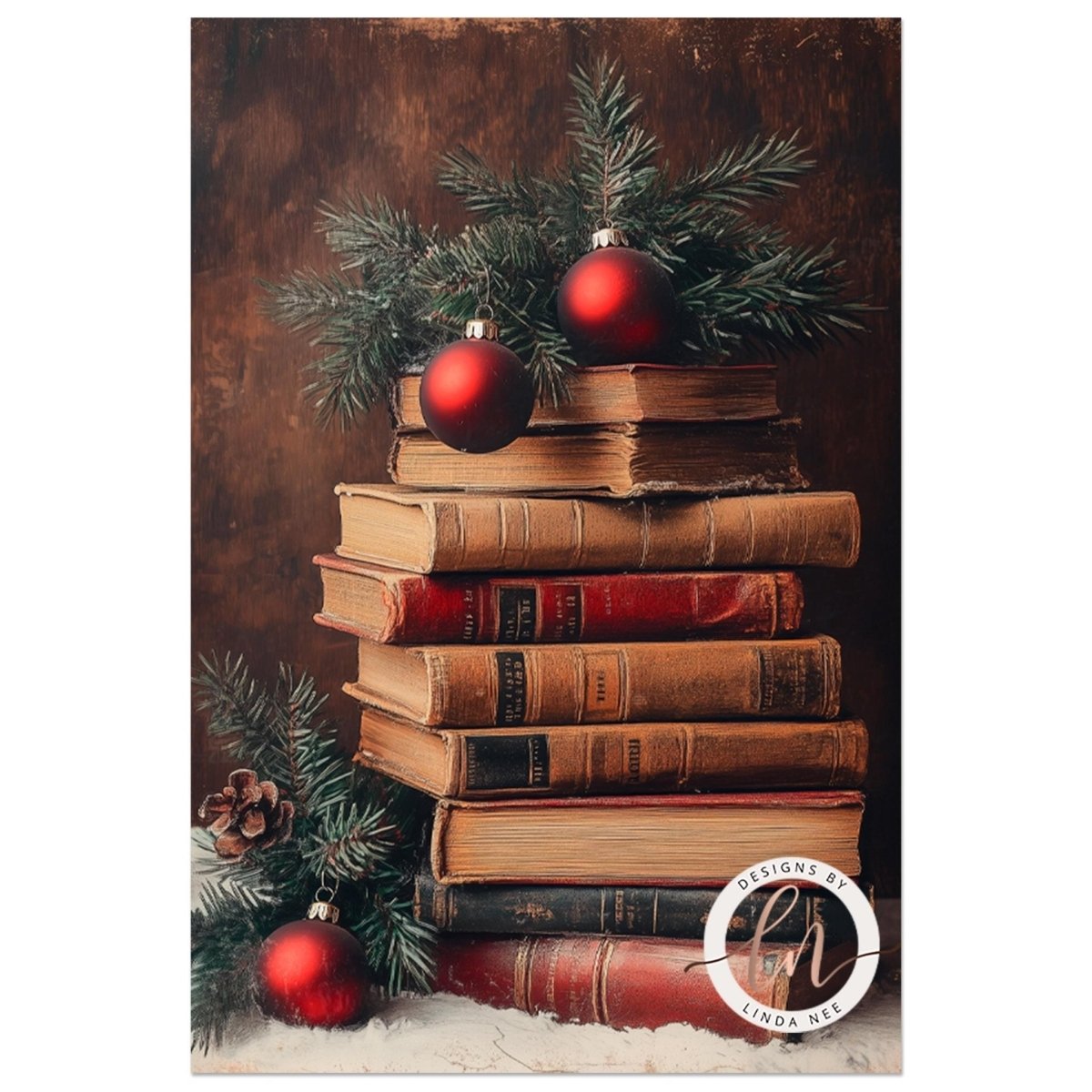 Stack of antique books with red ornaments, pine branches and cones around them