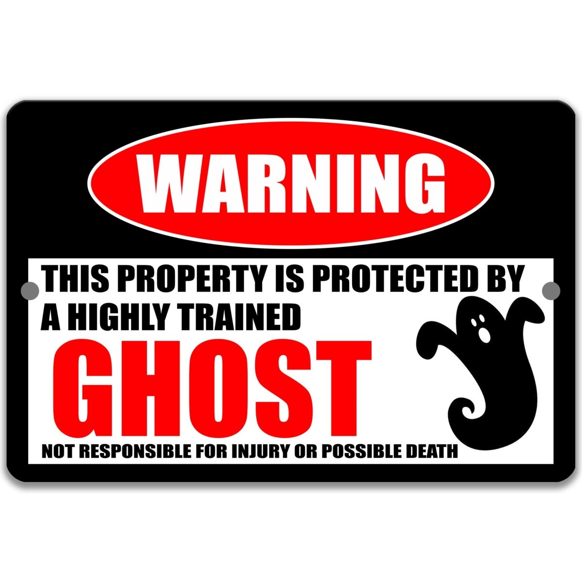 Ghost warning metal sign on glossy black, red WARNING oval and cartoon ghost silhouette