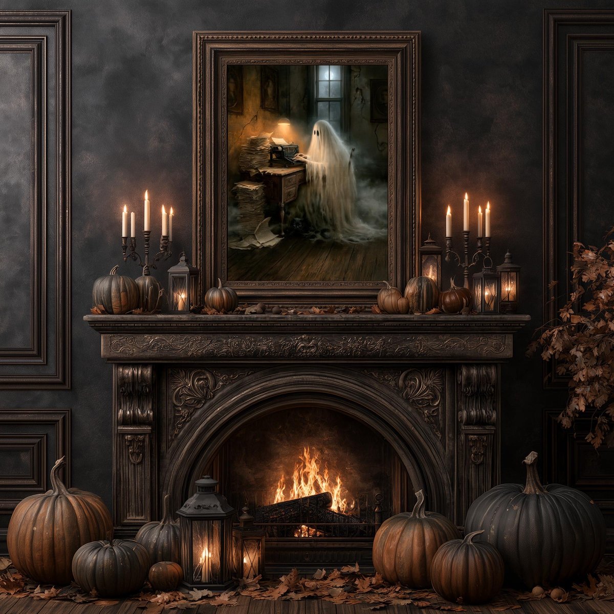 Ghost writer art print on a Halloween fireplace with pumpkins and candles