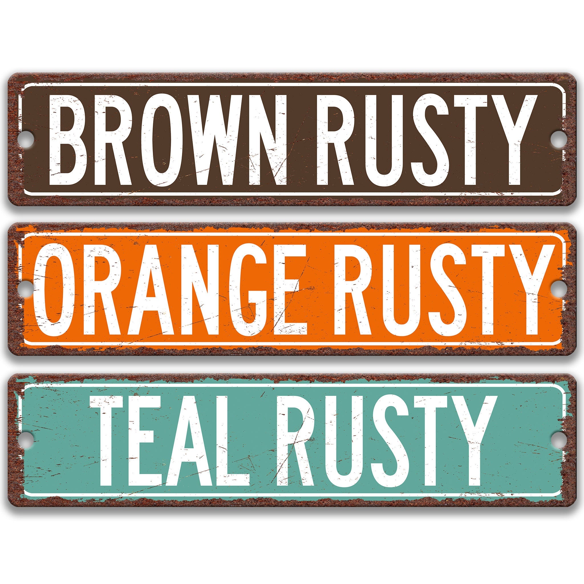 three weathered metal street signs with the names of different colors: brown, orange, and teal.